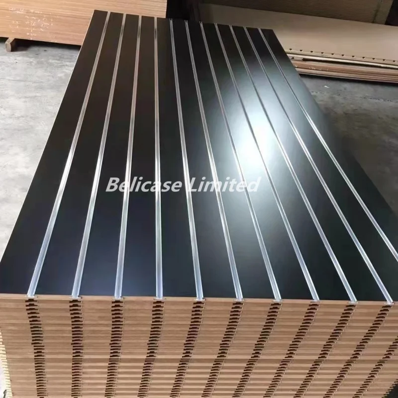 

custom，Factory Made 15/18mm 8*4ft Slat Wall with Aluminum Alloy Inserts Groove Fireproof Waterproof Melamine Faced Mdf Slotted B