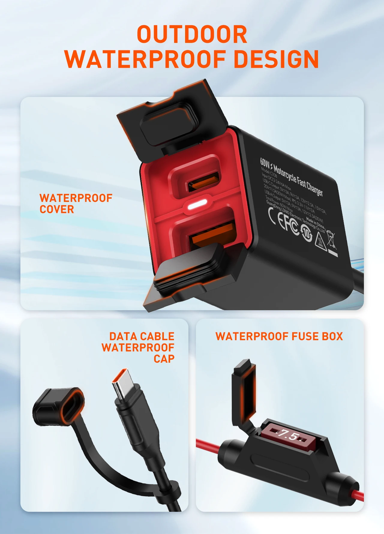 LDNIO Motorrad USB Schnellladegerät 60W Lenker Dual USB C UAB A Rückspiegel Wasserdichter Netzteiladapter mit Schalter – Detail 9