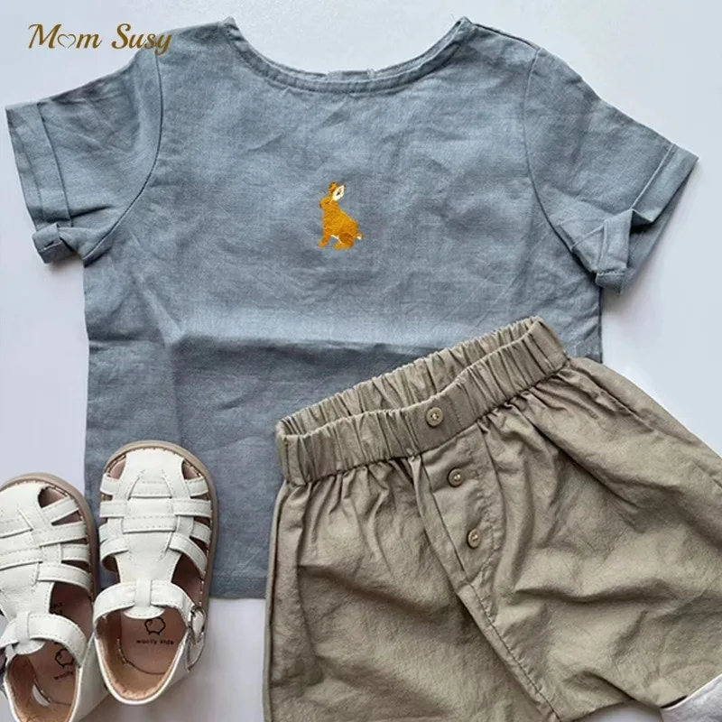 Baby Boy Girl Cotton Linen Embroidery Tshirt Shorts Summer Infant Toddler Child Elegant Short Sleeve Shirts Baby Clothes 1-5Y