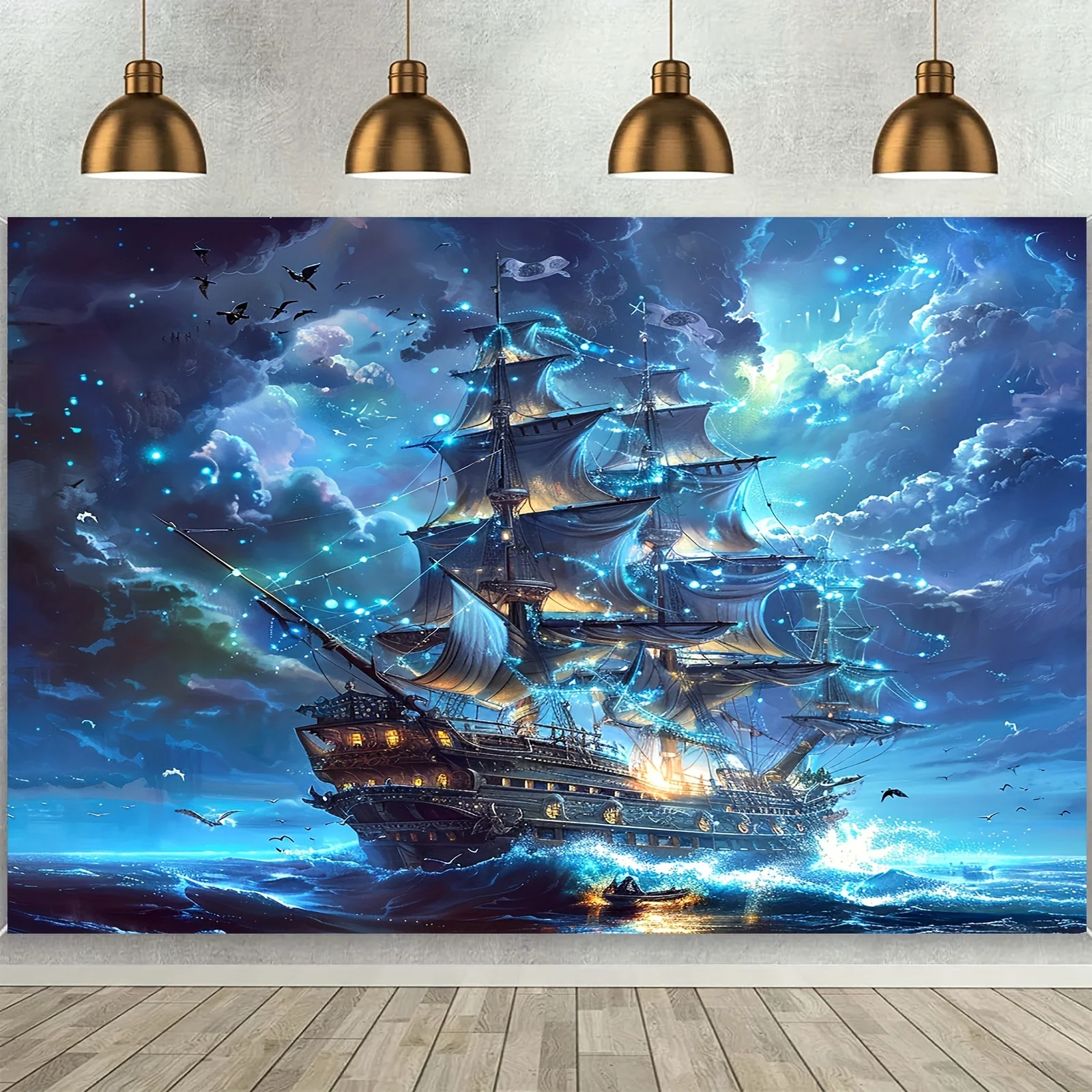Enchanted Nautical Adventure Wall Tapestry for Living Room Decor, Featuring a Majestic Sailing Ship Illuminated by Ethereal Blue