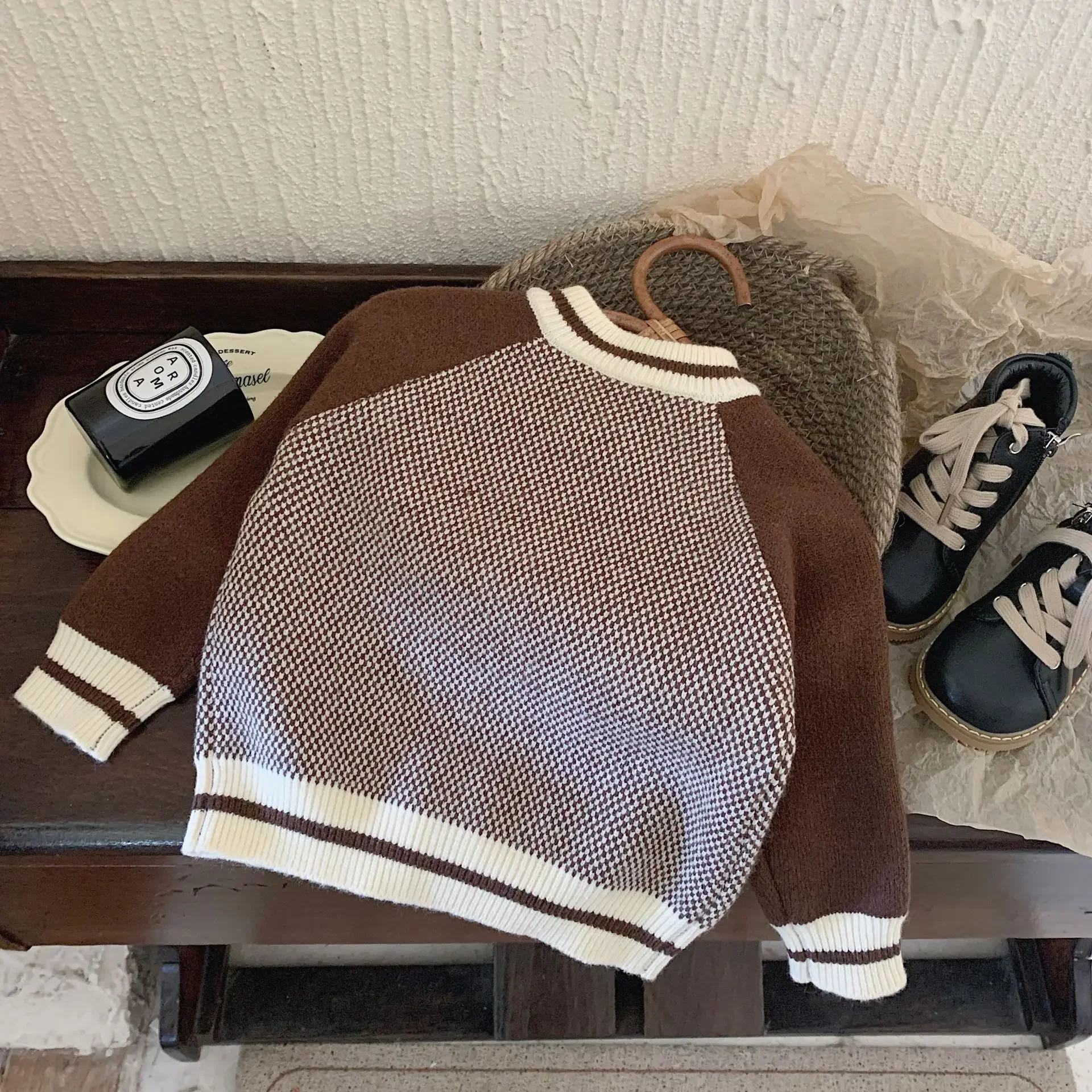 

Color Blocked Casual Sweater Single Breasted Jacket Children's Sweater Autumn Boys and Girls Korean Edition Retro Sweater Coat