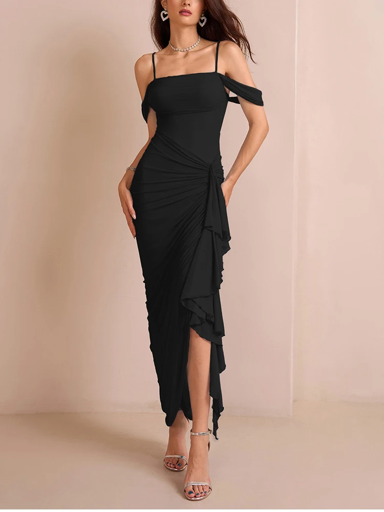 Newasia vestido de verão feminino malha com forro alças espaguete cintura franzida sexy sem costas coxa alta fenda vestido de festa à noite