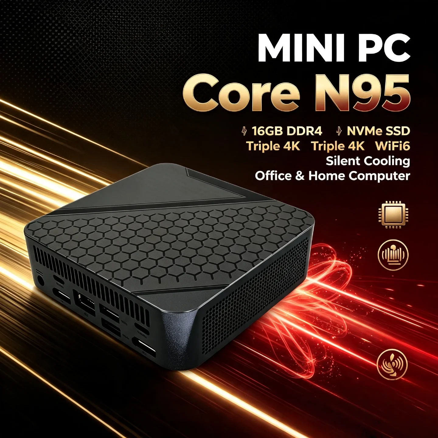 Intel N95 Mini Desktop PC 16GB DDR4 NVMe SSD Triple 4K WiFi6 Silent Cooling Ultra Fast Pro Office Home Computer