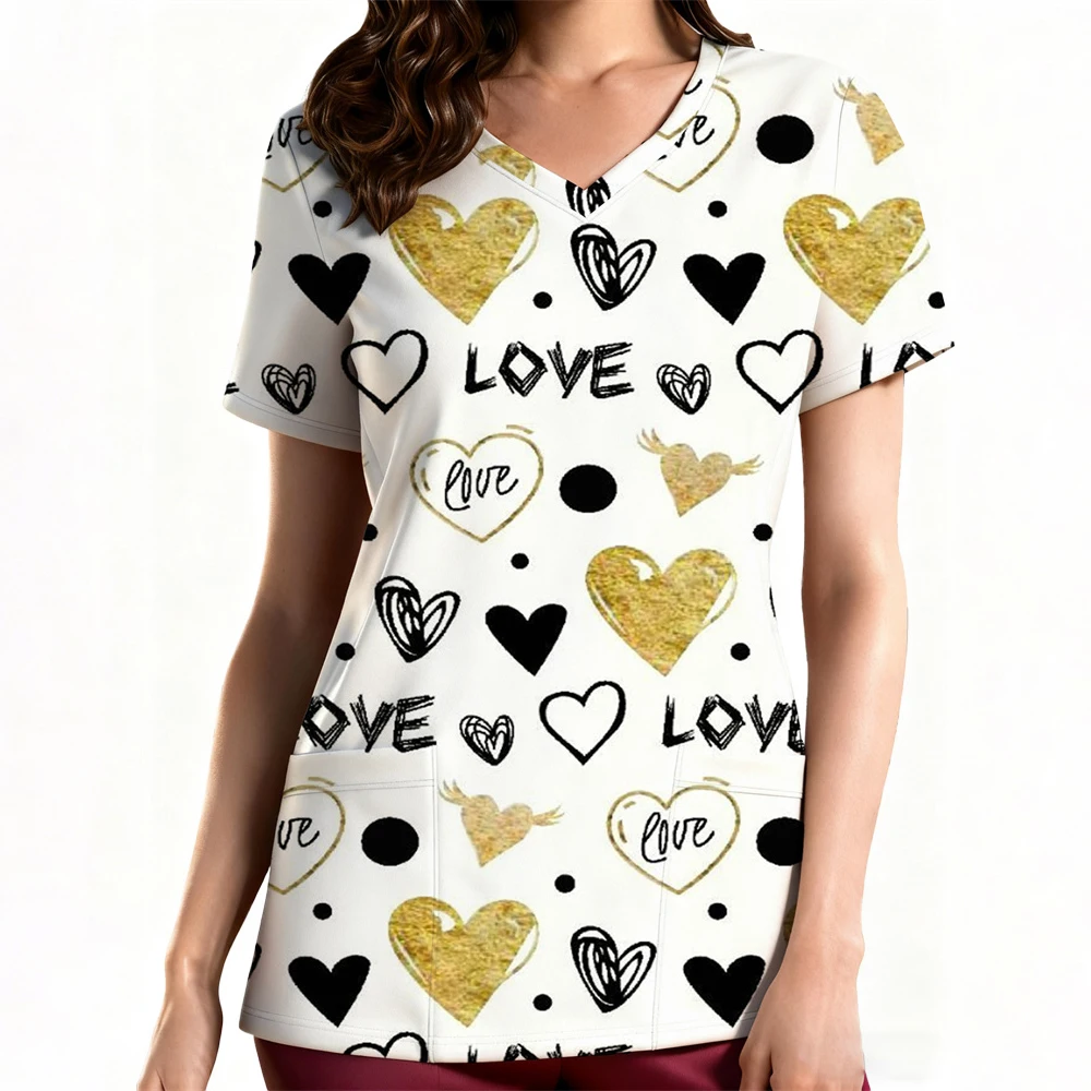 女性用花柄看護ユニフォーム レディース半袖Vネック介護従事者看護師作業用医療スクラブユニフォームブラウストップスユニフォーム