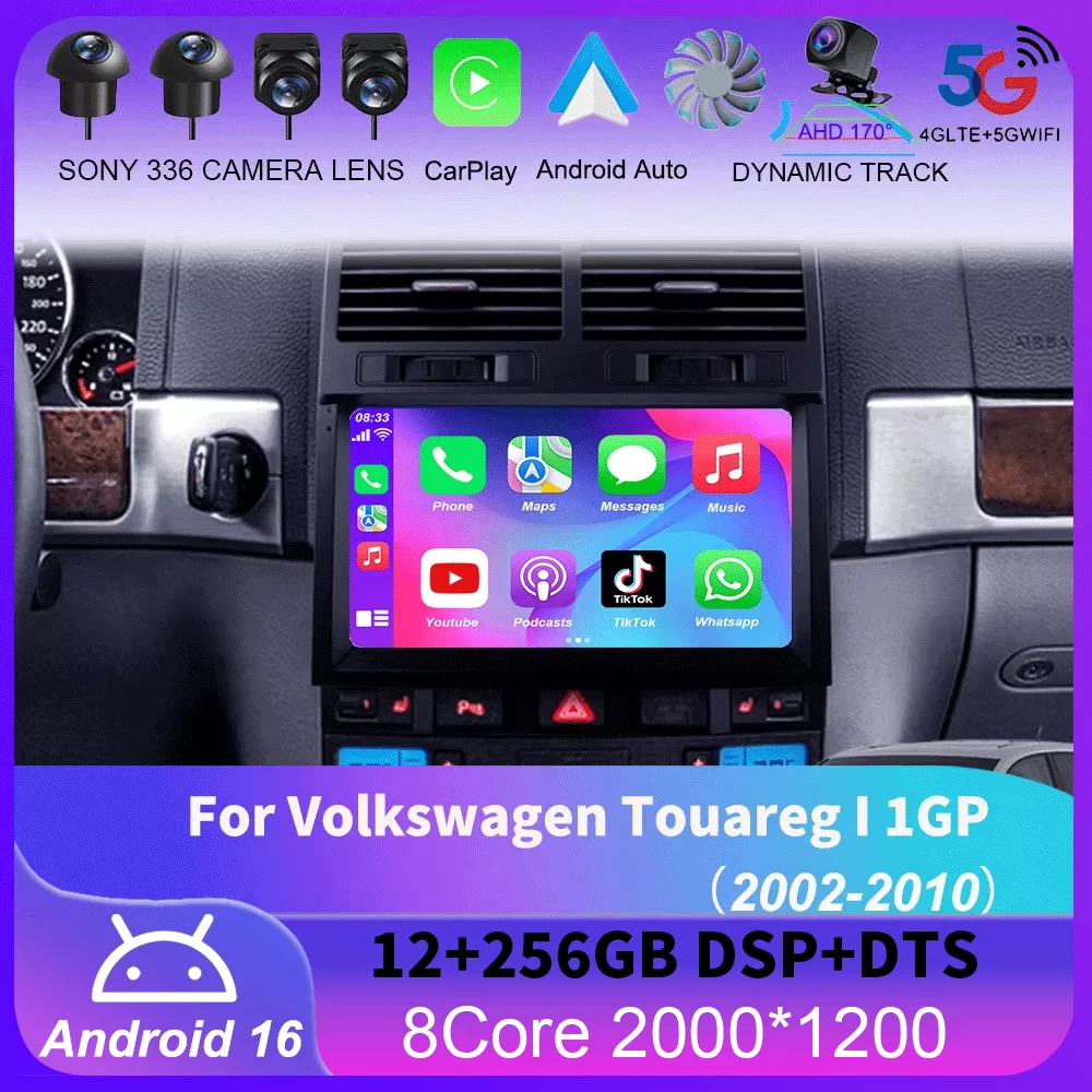 Android 16 For Volkswagen Touareg I 1GP 2002 - 2010 Carplay Auto 4G+WIFI GPS Car Radio Navigation Multimedia Video Player Stereo