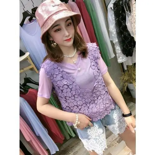 Exquisite little cute cotton lace vest Korean loose top women sweet solid color outer wear suspenders 2023 summer solid vest