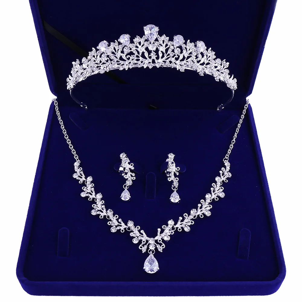 Fashion Zircon Bridal Jewelry Sets Wedding Crown Necklace With Earrings Pin Pearl Crystal Tiara And Crowns Hair Ornaments Women