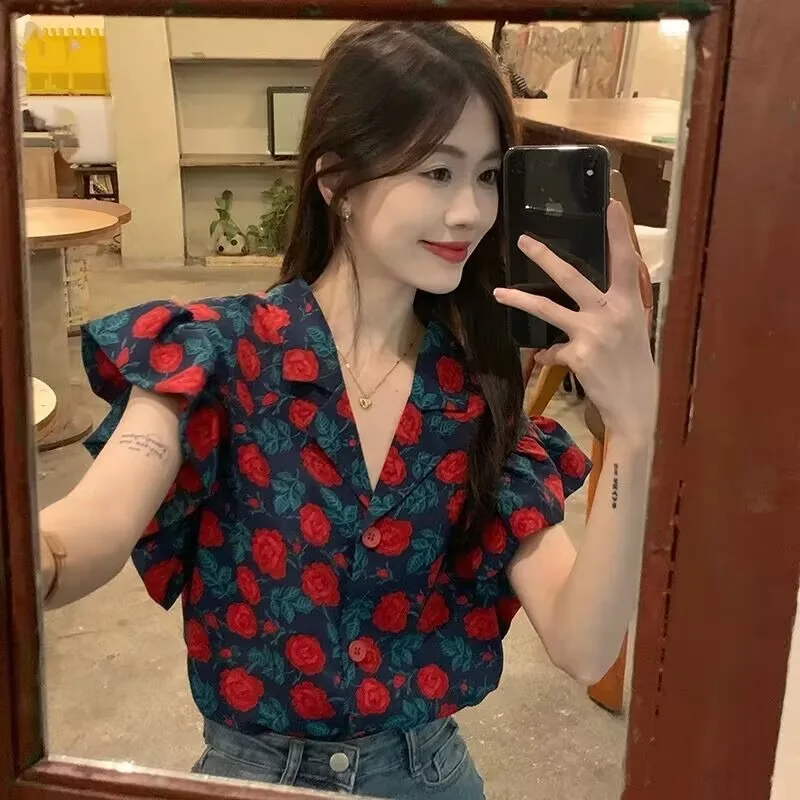 

Retro Floral Print ort Sve Women's irt Sweet Sle Button Closure Fly Sve Regular Length Casual Top for Summer 2023