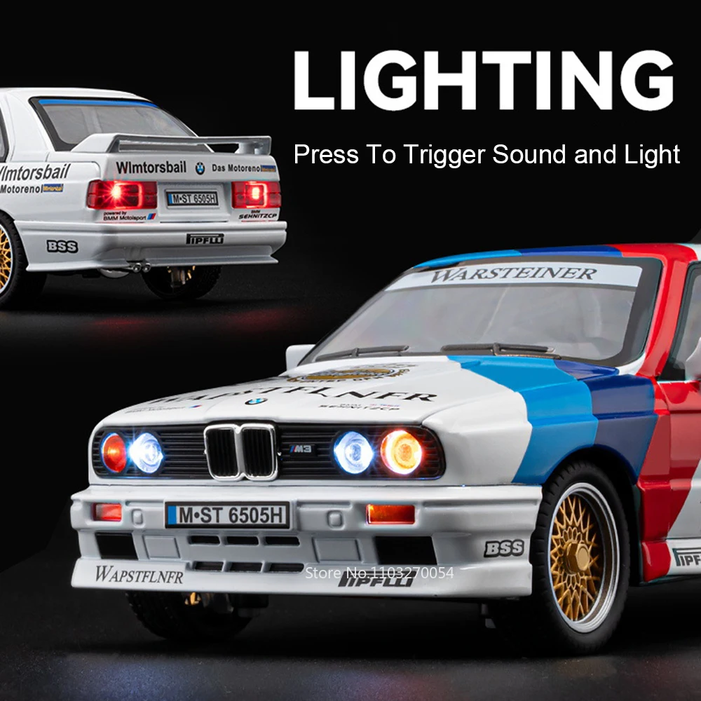 1:24 M3 GTR M4 Alloy Miniature Model Toy Diecast Cars Front Wheel Steering Doors Opened Sound Light Collect Models for Boy Gifts