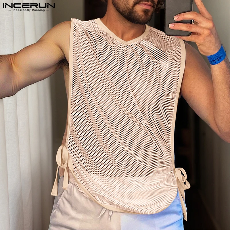 

INCERUN Men Tank Tops Solid V Neck Sleeveless Lace Up Mesh See Through Male Vests Streetwear 2025 Split Fashion Men Clothing