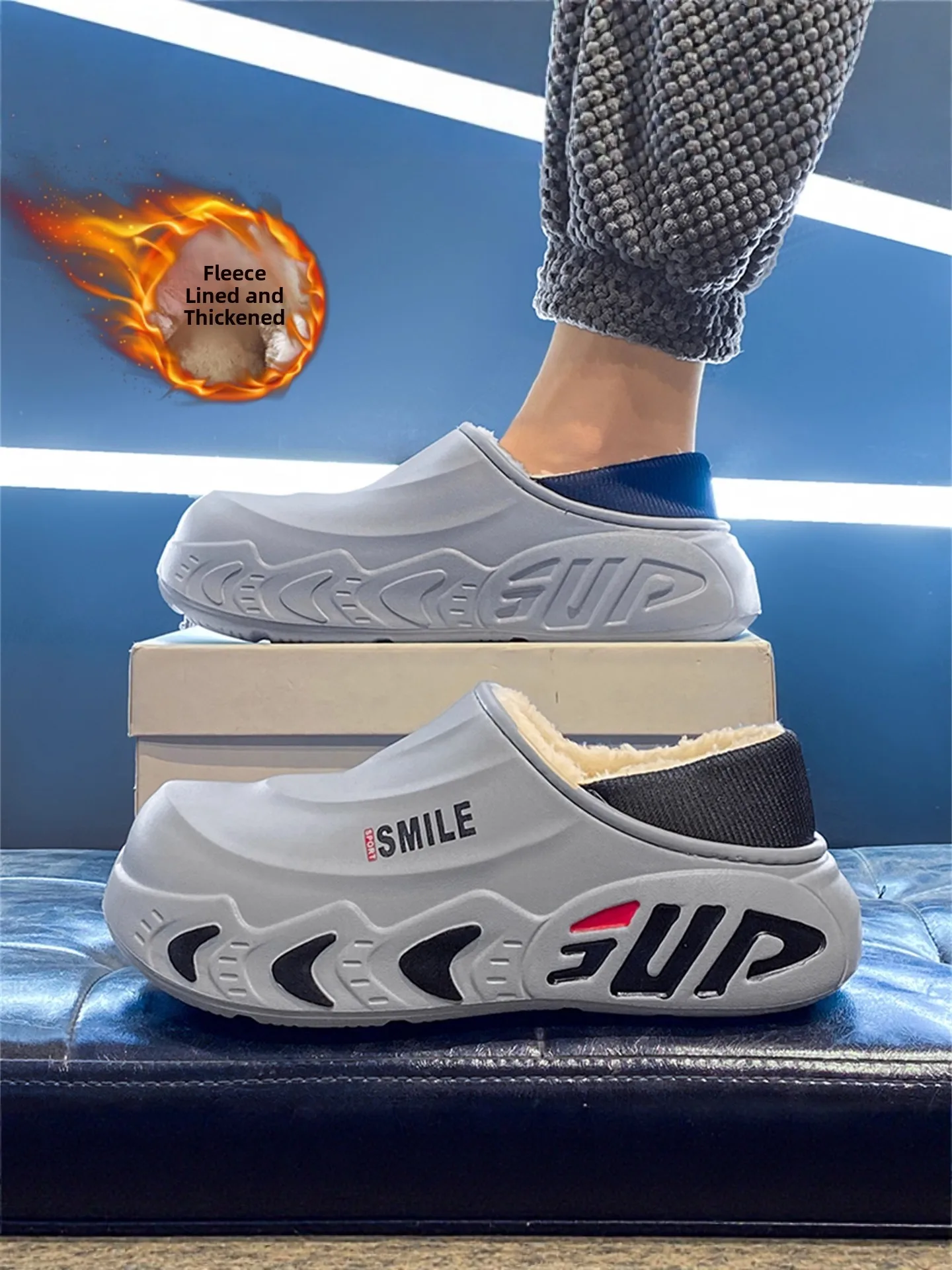 

Men's Cotton Slippers Winter Fleece Lined Warm Indoor Soft Bottom Cotton Shoes Outdoor Waterproof Non Slip Large Size with Heel