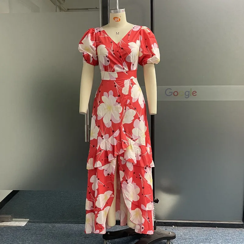 Vestido feminino em camadas estampado com decote em v curto, cor elegante e elegante, temperamento geral, verão, Novo, 2024