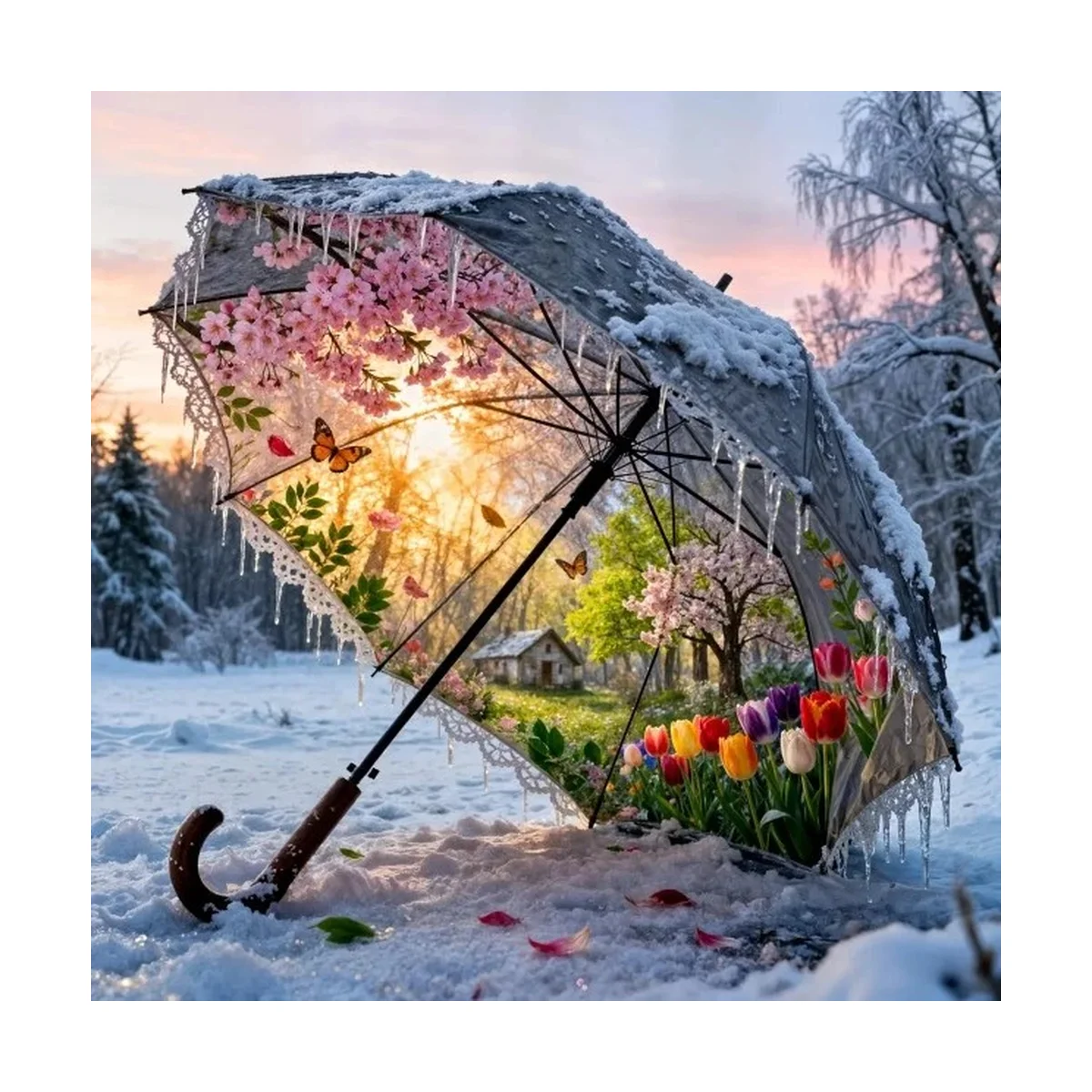 1 Stück 50x50cm/19,69 Zoll, 11Ct/14Ct Kreuzstich-Set, DIY Valentinstagsgeschenk, Stickerei-Set für Festlichkeiten, Blumen-Schirm-Schneelandschaft – Detail 4