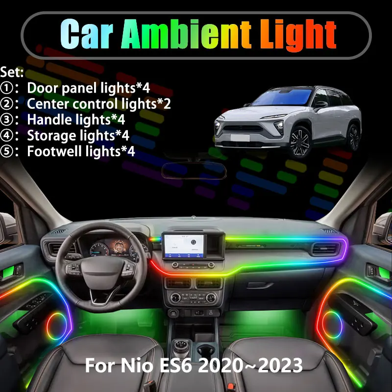 

Для Nio ES6 2020~2023 MK1 1-го поколения, 2/18 в 1, светодиодная подсветка салона автомобиля, светодиодные ленты для багажника, USB RGB, комплект аксессуаров Streamer