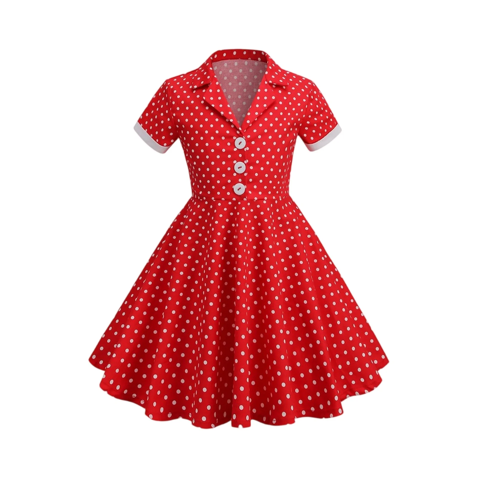 

Girls Polka Dot Printed Dress Summer Short Sleeve Button Lapel Neck Princess Dress Sweet Cute Waist-Cinching Dress for 3-12years
