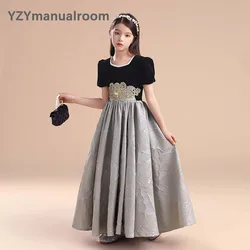 Velvet Flower Girl  Dress for Kids Wedding Bridesmaid Pageant Party Prom Formal Ball Gown Princess Puffy Jacquard fabric Dresses