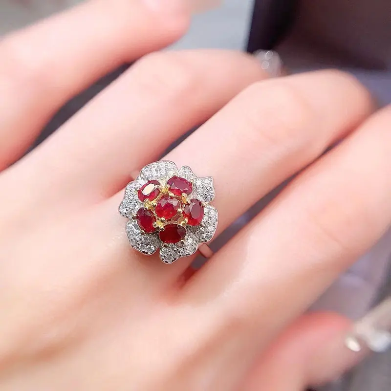 

925 Silver Flower Ring 3mm*4mm Total 0.9ct Natural Ruby Ring with Gold Plated Sterling Silver Ruby Jewelry