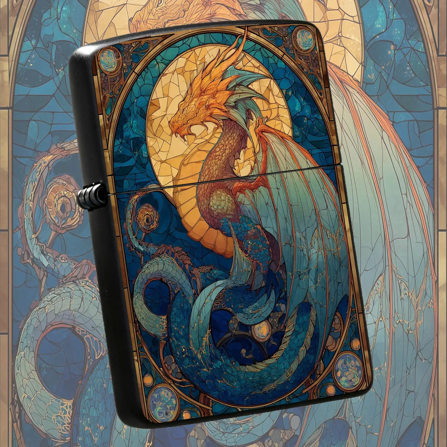 Mythical Stained Glass Dragon Pattern Lighter, Exquisite Art Nouveau Decor Design, Portable Daily Carry Essential, Ideal For Holiday Gifting Personal Collection, Fits All Scenarios Fantasy Themed Stylish Practical Accessory A Humorous And I