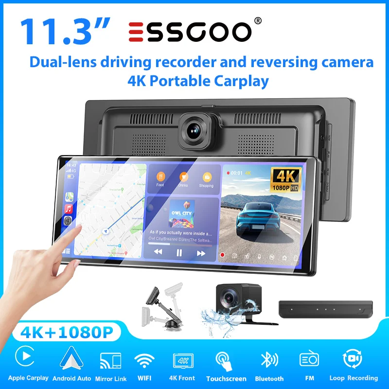 ESSGOO 11,3-Zoll 4K Universelles Display Tragbares Carplay Autoradio Android Auto Dual-Linsen-Dashcam-Recorder Rückfahrkamera GPS AUX BT USB