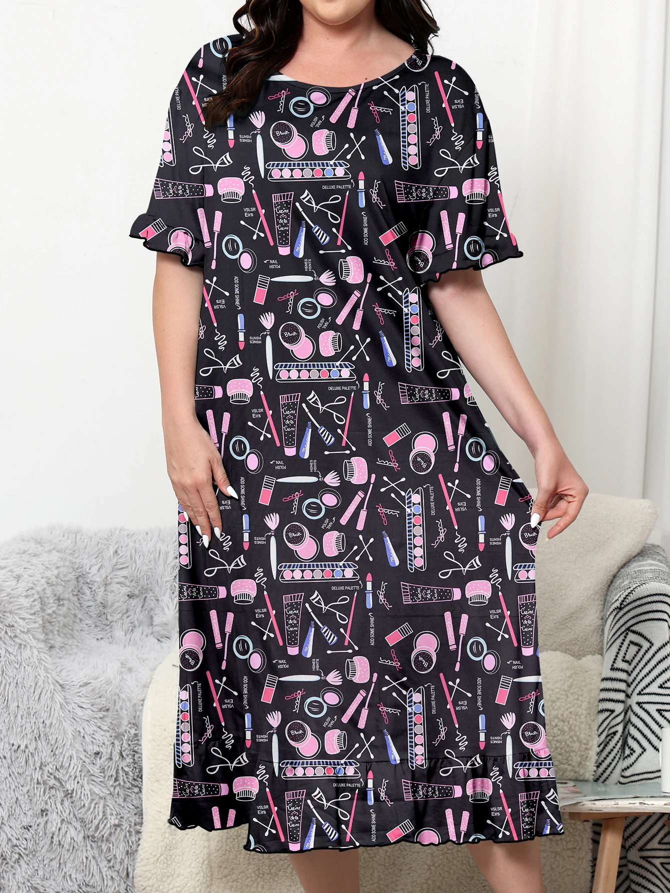 Plus size dress, knee length dress, cartoon style for home and casual wear, can be worn externally. Plus size 1-5XL 2024 new dre