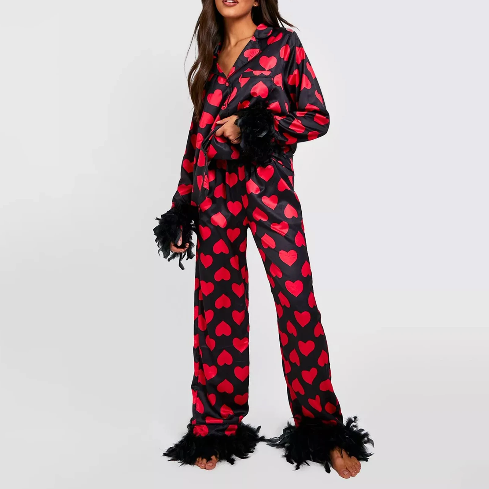 Women’s 2 Piece Pajama Set Feather Trim Long Sleeve Button Up Heart Shirt + Pants Set Sleepwear