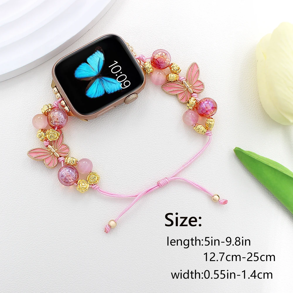 Correa de mariposa de colores para Apple Watch, pulsera con cuentas florales, cadena para Iwatch 40, 41, 42, 44, 45, 49mm, joyería para mujer