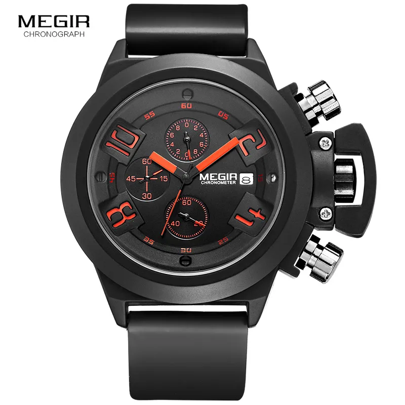 Fashion Megir Mens Silicone Band Sport Quartz Wrist Watches Analog Display Chronograph Black Watch For Man With Calendar 2002