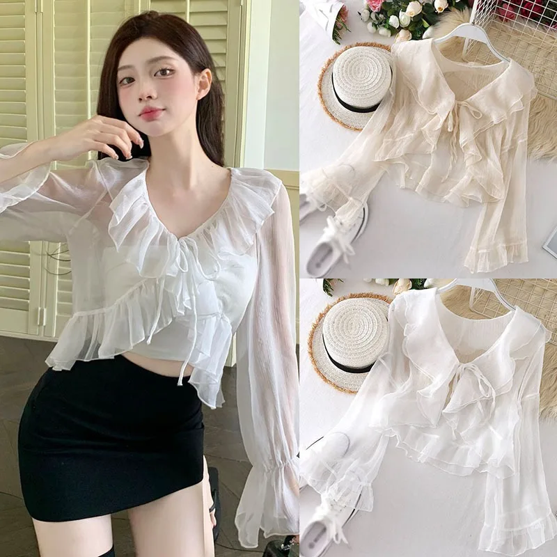 프릴 쉬폰 여성 자외선 차단 셔츠, 연꽃 잎 가장자리 레이스 업 짧은 가디건 코트
