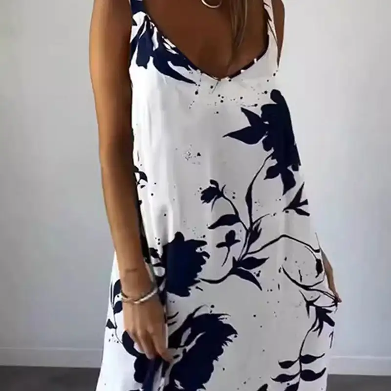 Fluid dress with thin straps, sleeveless and uncovered on the Women's Floral Spaghetti Strap Sleeveless Backless Flowing Dress