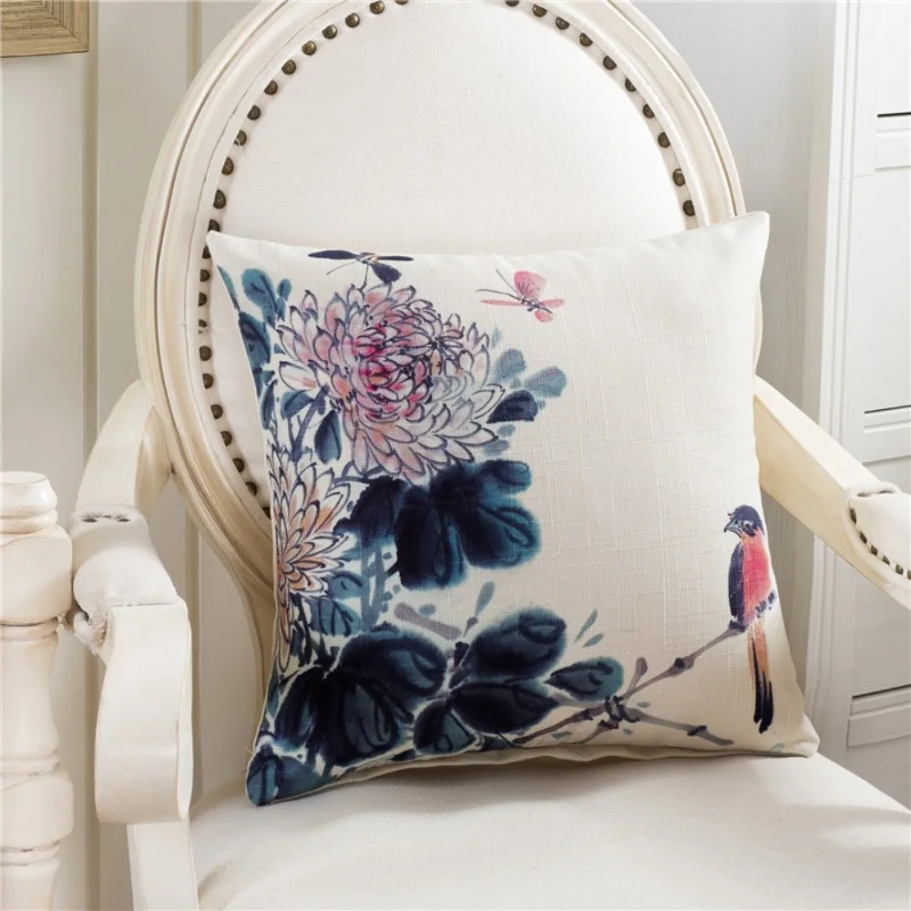 Vintage Cotton Linen landscape paint Birds Throw Pillow Case Parrot Patter Cushion Cover Cojines Decorativos Para Sofa Wholesale