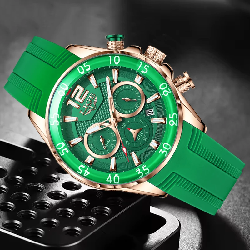 LIGE Men's Watches Fashion Top Brand Luxury Green Silicone Watch for Men Military Waterproof Quartz Chronograph Montre Homme+BOX