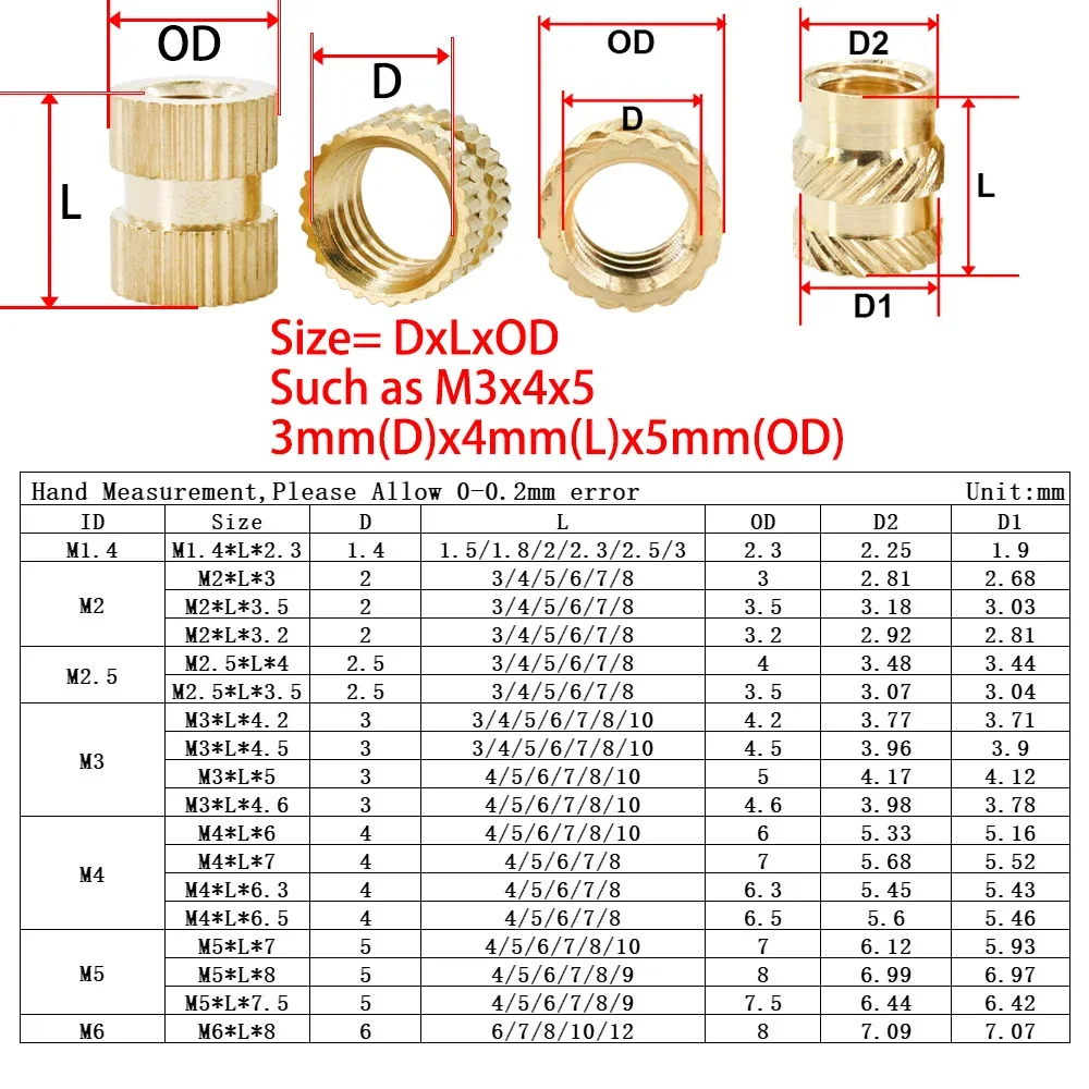 M2 M2.5 M3 M4 M5 M6 Brass Hot Insert Nut Melting Heat Copper Nuts Inserts 3D Printer Laptop Nutsert Embedded Injection Nuts