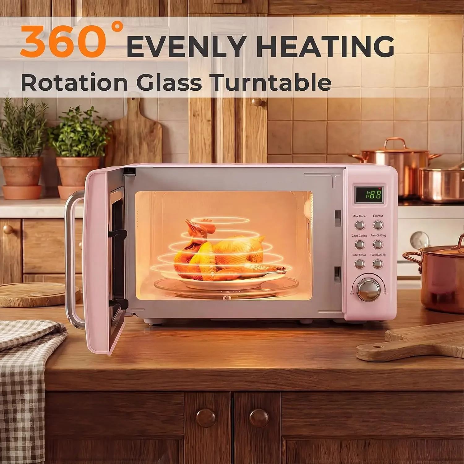 Retro Microwave 0.7Cu.ft, 700 Watt Countertop Microwave | 5 Power Defrost, Auto Cook, LED, Child Lock, Pink Small Microwave