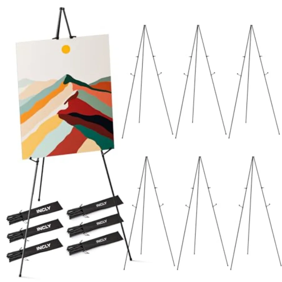 

Black Folding Easels for Display 6 Pack 63 Inch Metal Stand Instant Tripod Collapsible Portable Floor Easels Adjustable Folding