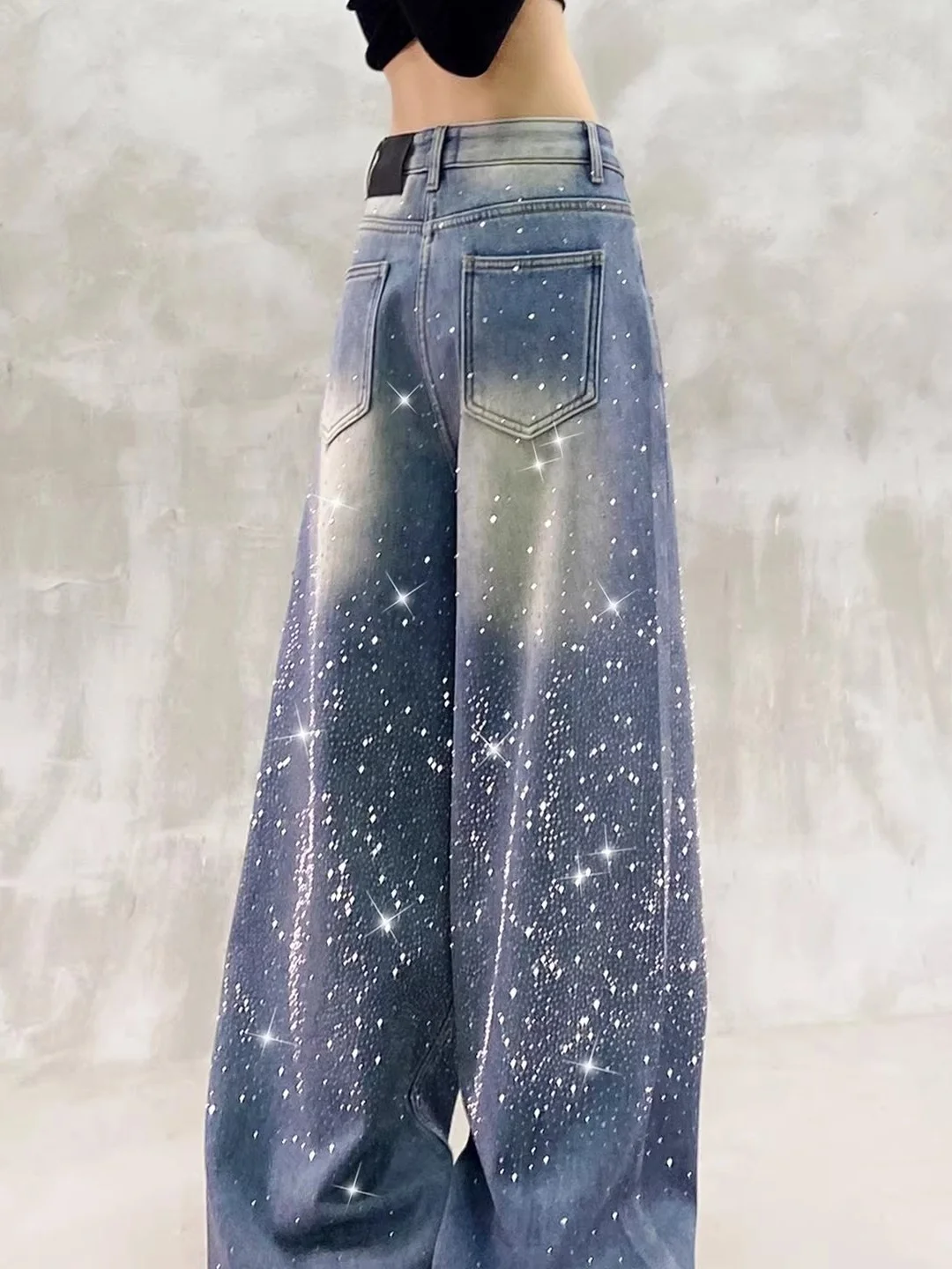 

Spring 2026 High Waist Glittering Rhinestone Casual Vintage Jeans Loose Slimming Wide Leg Straight Cut Versatile Blue Denim