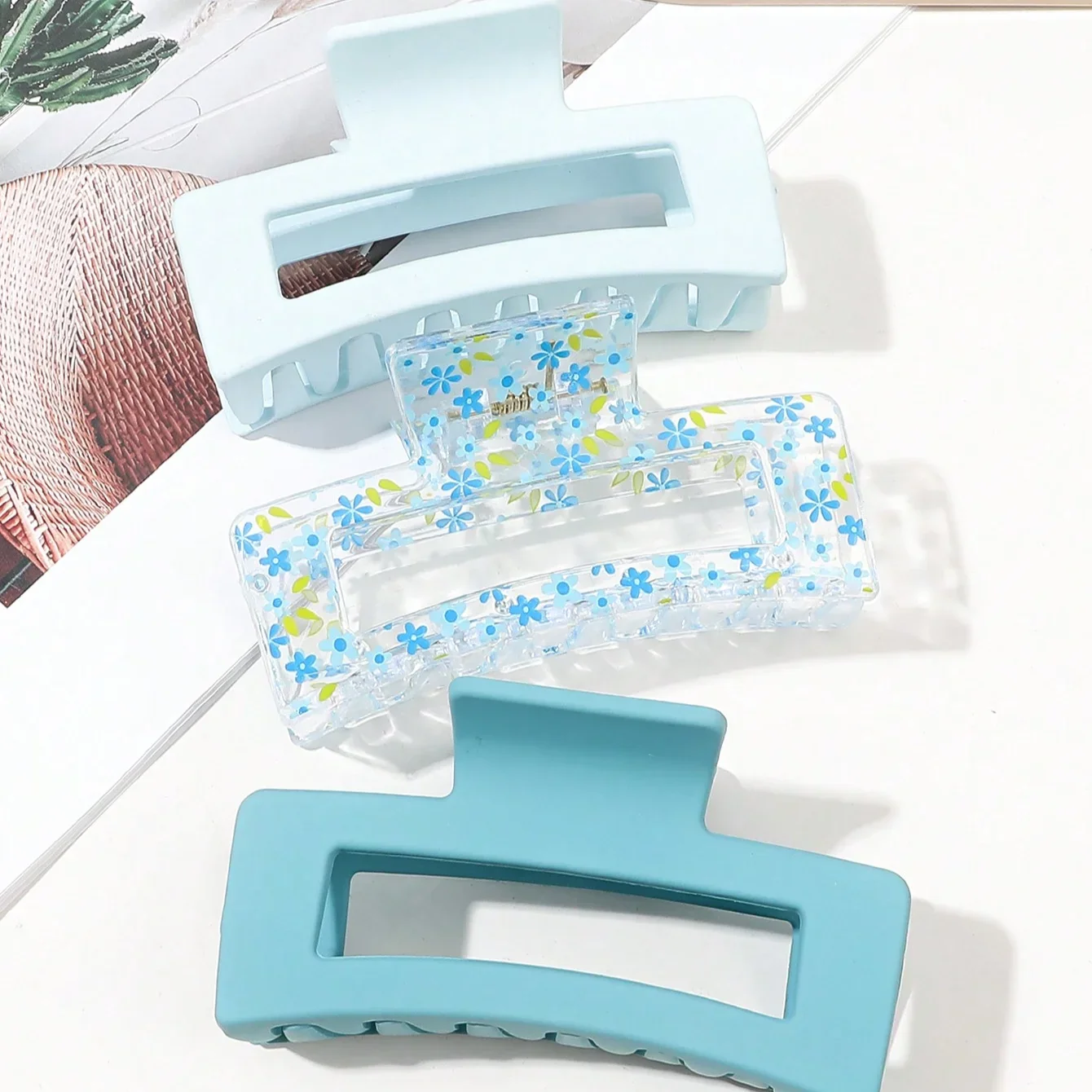 

3pc Square Hair Clip in Light BlueFloral and Transparent Gradient Pattern for Tea Parties and Cool Girl Hairstyles Accessories