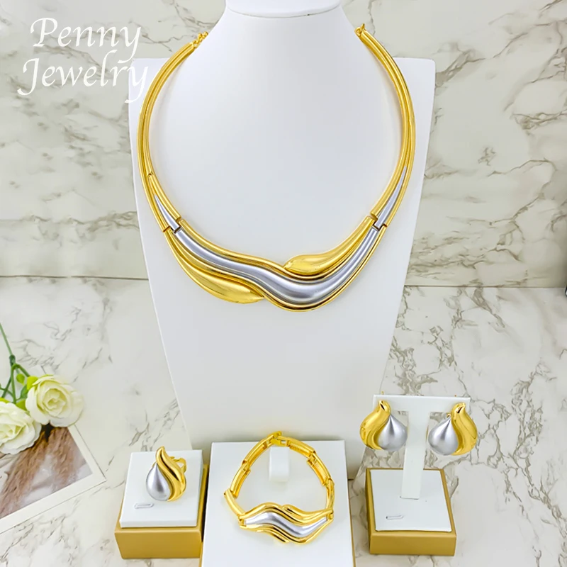

Two Tones Elegant Round Collar Choker Gold Plated Jewelry Set Necklace Drop Earrings Bracelet Ring Bridal Wedding Party Gifts