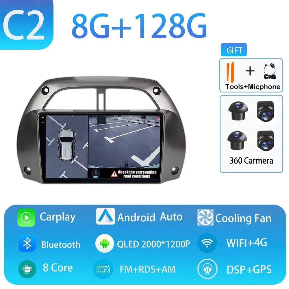 Android 15 voor Toyota RAV4 2001-2005 Draadloze CarPlay Autoradio Video Audio Multimedi Speler Auto BT WIFI 4G 2K QLED Geen 2 din