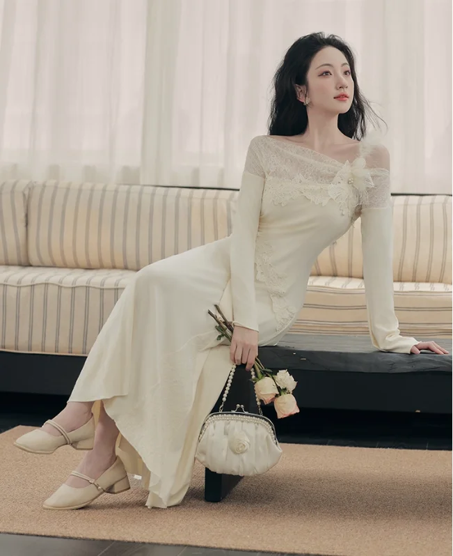 Elegante abito da principessa a coda di pesce a maniche lunghe in pizzo con scollo a barchetta sexy Moda a vita alta A-line Abiti da festa sottili versatili color albicocca