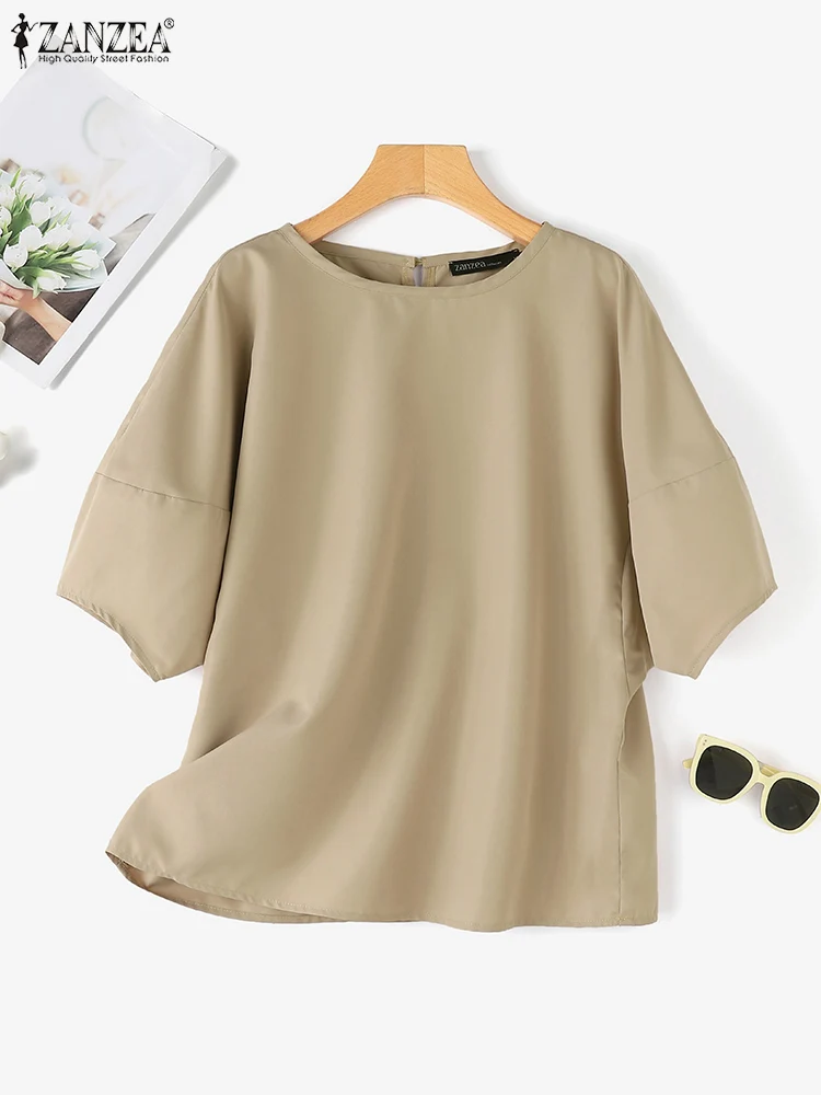 ZANZEA Women Puff Half Sleeve Blouse Fashion Round Neck Blusas 2024 Summer Solid Holiday Shirts Casual Loose Basic Tunic Tops