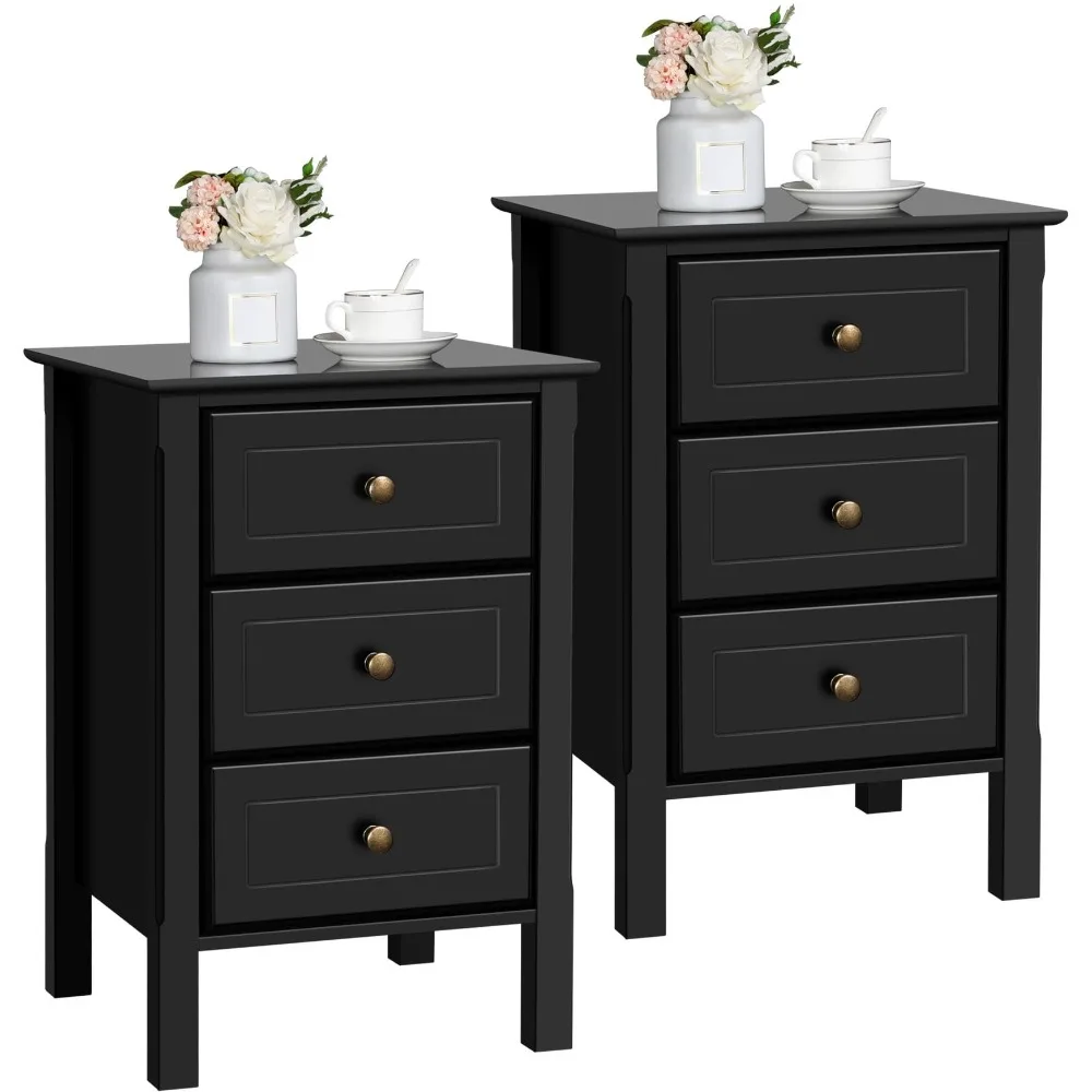 3-Drawer Nightstands Set of 2, Small Paneled Bedroom Tables Black