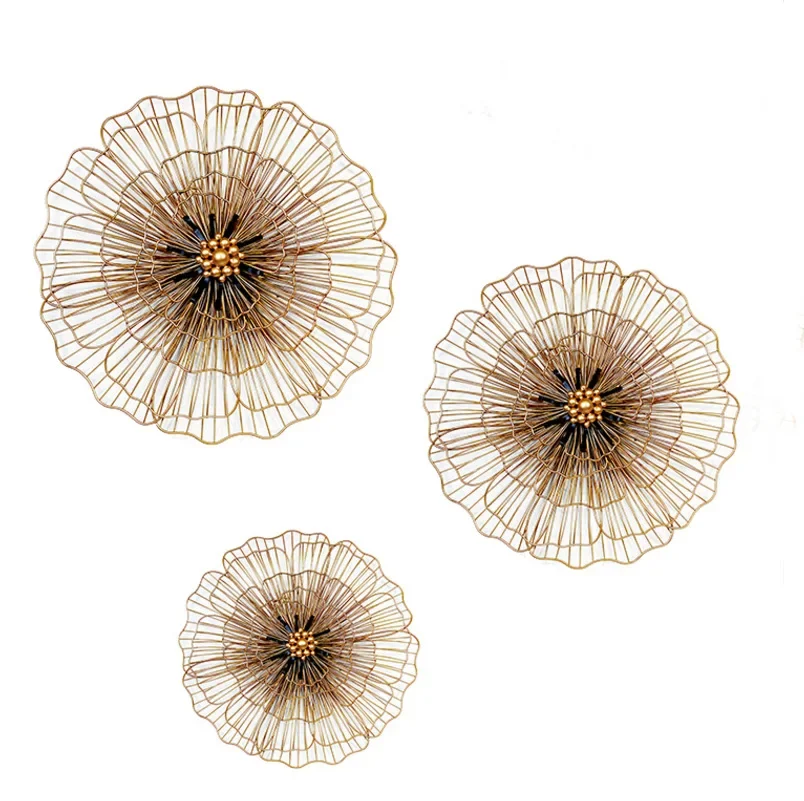 New Chinese three-dimensional wrought iron metal flower gold wall decoration hotel lobby decoration