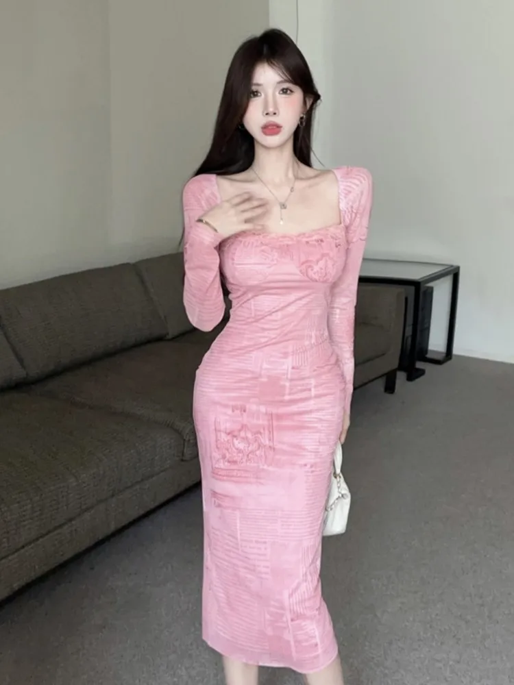 

Sexy Pink Square Collar Midi Dress Autumn Women Long Sleeve Backless Lace Up Slim Bodycon Vestidos Elegant Party Prom Robe Mujer