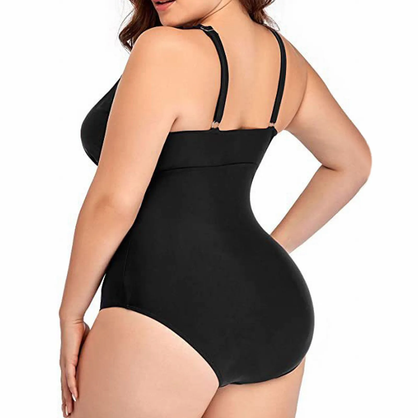 Women Plus Size Swimsuit Solid Color Mesh Stitching Bodysuit Swimsuit Adjustable Strap Sexy Bikini One Piece Beachwear Biquini