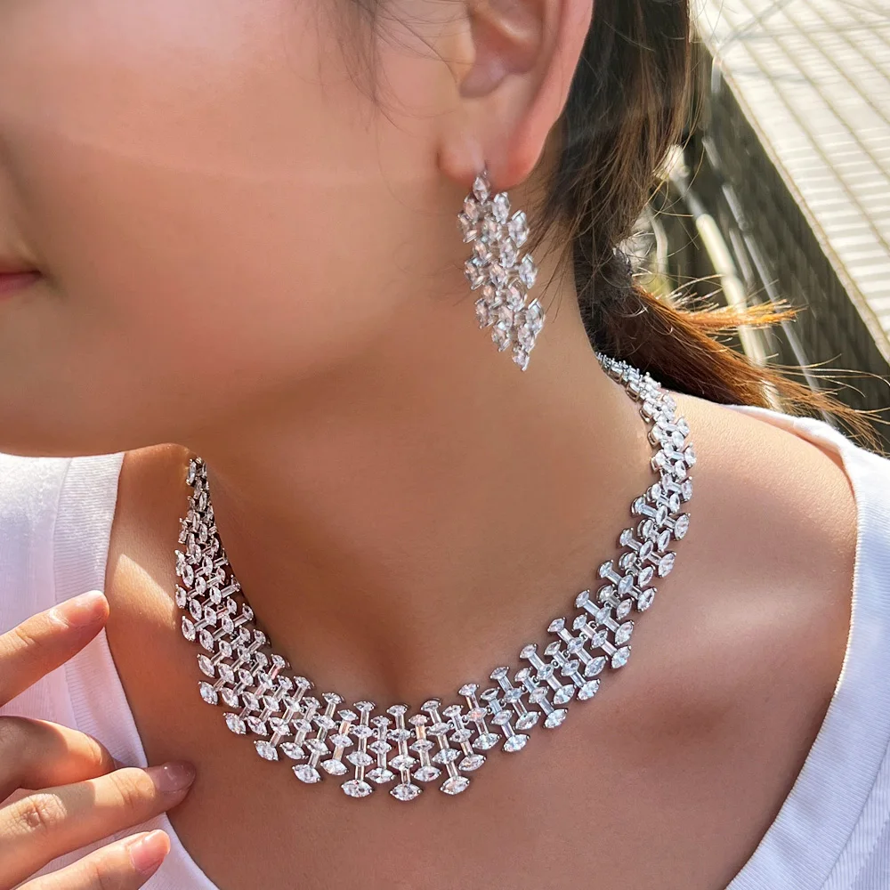 CWWZircons Super Shiny White Cubic Zirconia Big Chunky Party Wedding Necklace Bridal Jewelry Sets Costume Accessories T726