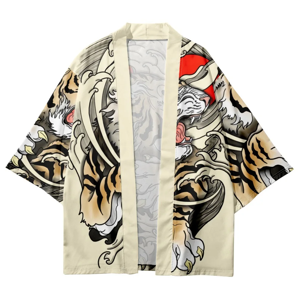 Japanese Couple Women Men Kimono Yukata Cartoon Tiger Wave Printed Cardigan Beach Shorts Asian Clothes Harajuku