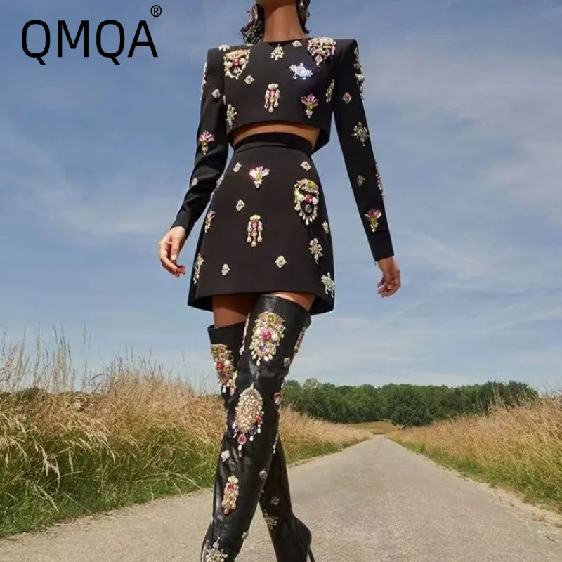 QMQA Fashion Women's 2 Pcs Set O-neck Zip Top Embroidered Flares Solid Skirt Women's Evening Party Sets 2024 Autumn New 1A710