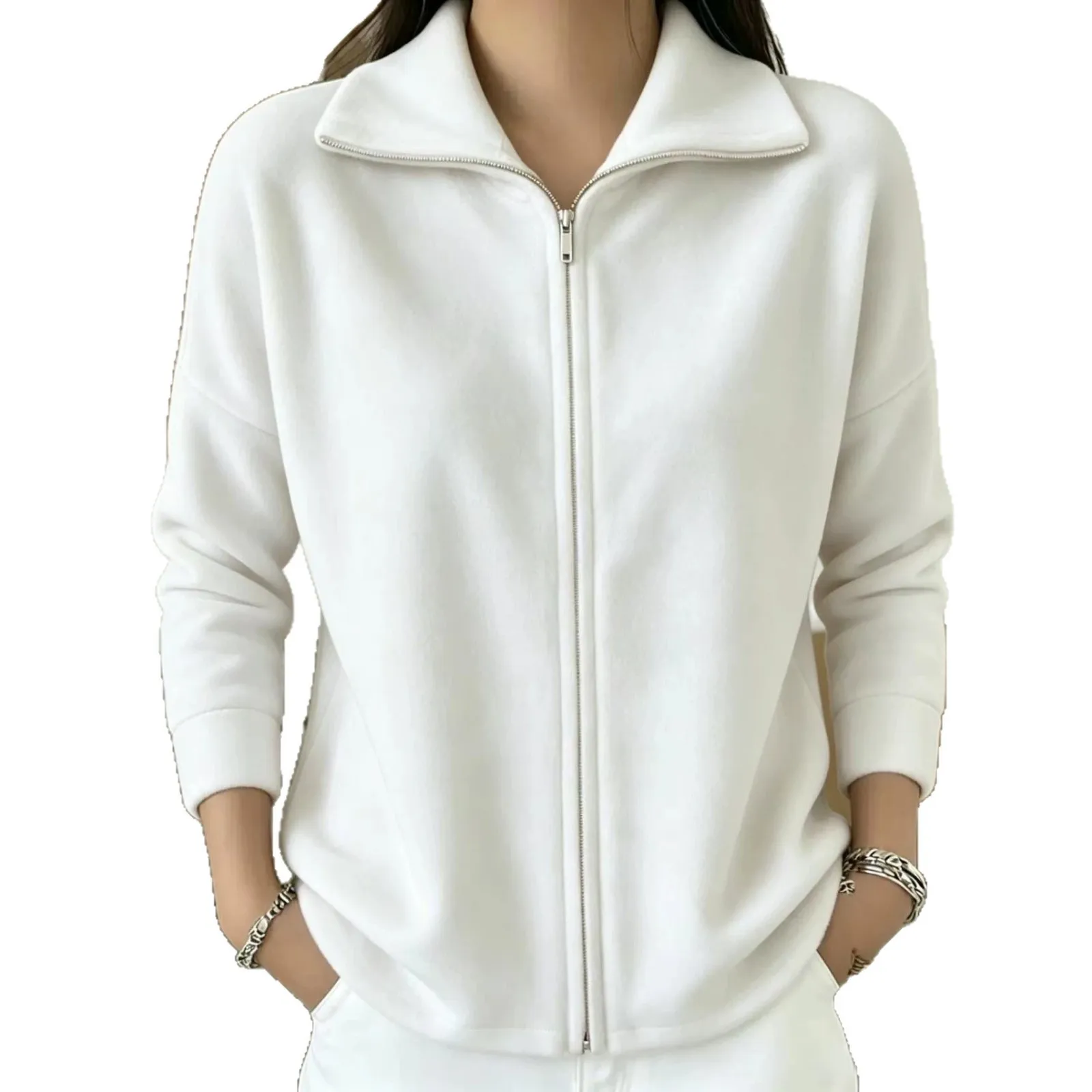 Loose Fit Zipper Coat Regular Length Elegant Cross Border Style with Relaxed Fit Turn Down Collar Regular Thickness Women Coat