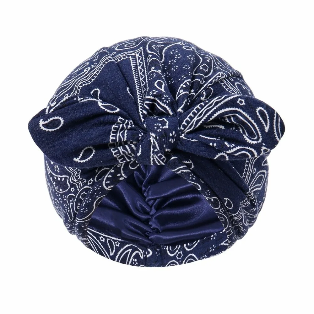 Satin Lined Bandana Turban Hat Paisley Print Multi-Color Pre-Tied Head Wrap Rabbit Ear Bow Knot 1PC Hair Cover Bonnet For Women