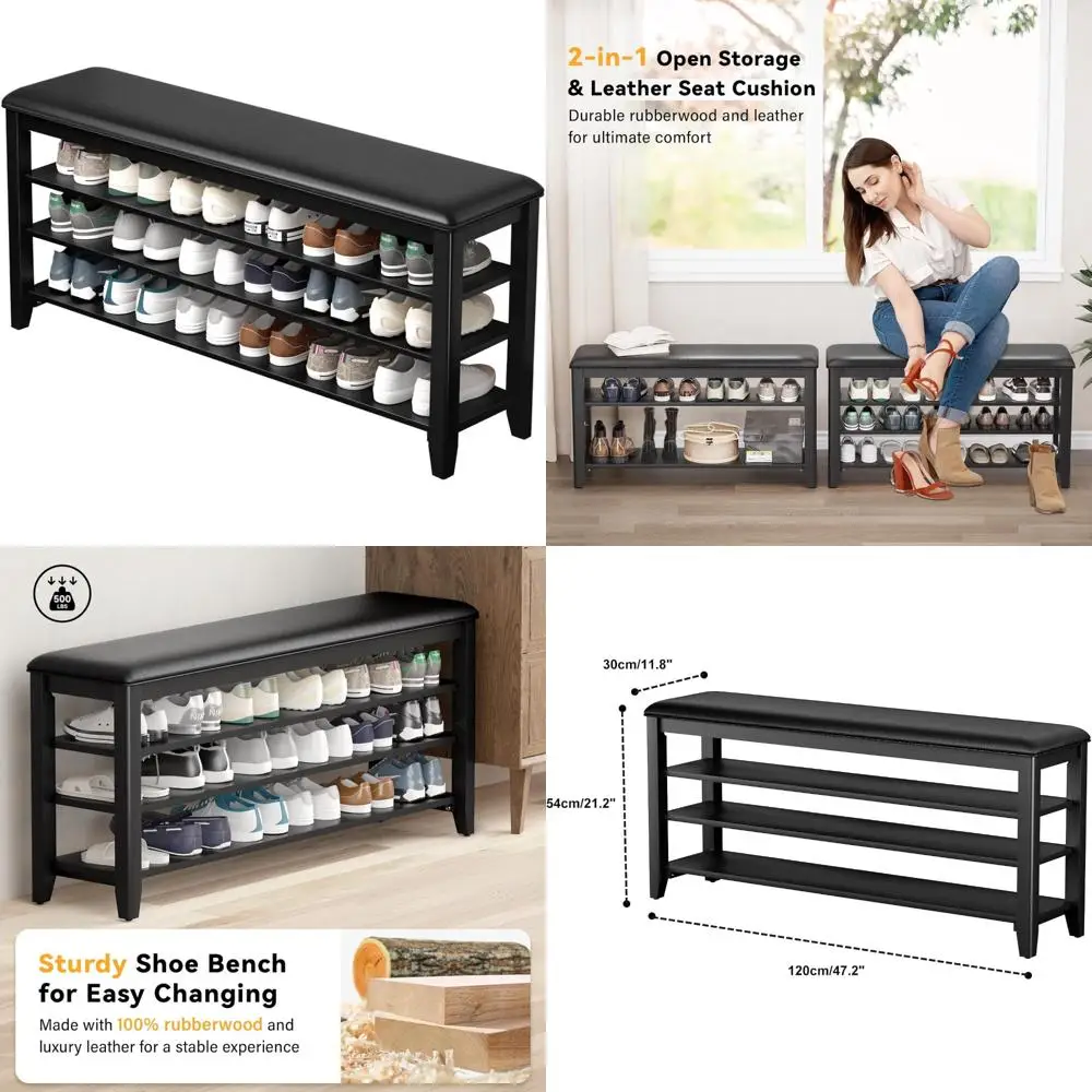 

Rubberwood Shoe Bench with Leather Cushion for Entryway Storage, Perfect for Hallway Shoe Racks near Front Doors and Mudroom Ent